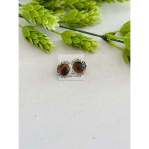 Navajo Handmade Tiger Eye & Sterling <b>Silver</b> <b>Stud</b> Earrings with Bezel Setting for Gift - Product Image 1