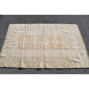 Tapis Turc Vintage Moderne 3.7 X 6.1ft Beige Bleu Patchwork Laine Polyester Latex Support pour Salon Rectangle Couloir Design - Product Image 3