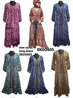 2024 vente en gros mode indien nouvelle robe saree en soie femmes imprimé fleuri Maxi robes à manches longues décontracté longue robe avec floral