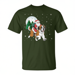 Maglietta promozionale con Babbo Natale che cavalca un cane Saint Bernard e luci dell'albero di Natale - Product Image 2