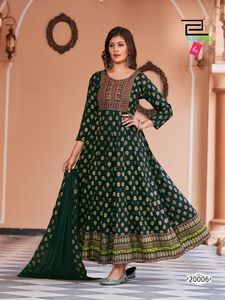 Costume de soirée imprimé Anarkali Kurti avec pantalon et Dupatta, longues robes Anarkali avec broderie lourde de styliste - Product Image 2