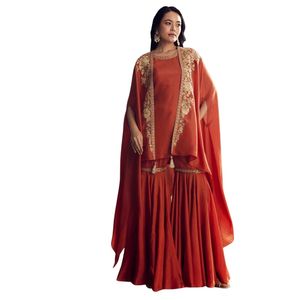 Abito Sharara di seta arancione con mantello Zari ricamato per le donne indiano tradizionale festa festa indossare abito da sposa - Product Image 1