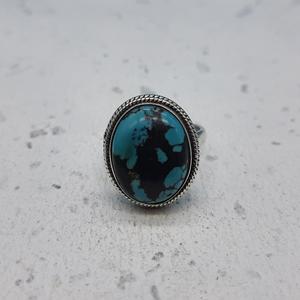 Tibetan Turquoise <b>Solid</b> <b>Silver</b> Handmade Ring 925 Sterling Natural Gemstone Bohemian Style Artisan Crafted Oval Cut Diamond Shape - Product Image 4