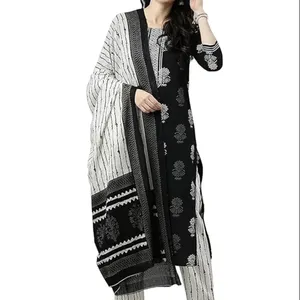 Esclusivo abbigliamento indiano pakistano abbigliamento festivo da donna Kurta nero con pantaloni e set Dupatta più recenti set di abbigliamento etnico