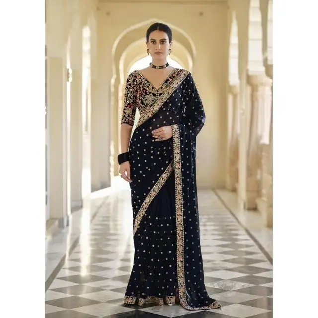 Indische traditionelle Georgette Rangoli Seide Saree und Banglori Seiden bluse mit schöner Sequenz und Codding Multi Work