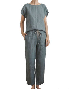 Pantalon en lin pur vert 100% pour femmes confortable taille moyenne tenue décontractée avec devant plat pour l'été durable - Product Image 4