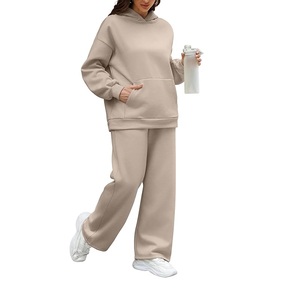 Pull-over en tricot de couleur unie Survêtement Gym Wear Survêtements vierges deux pièces Ensemble de survêtement unisexe Vente en gros Sweat-shirt et pantalon - Product Image 5