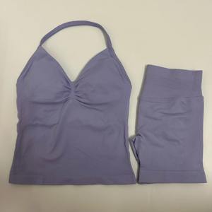 Conjunto de 2 piezas de Yoga para mujer, camiseta sin mangas con tiras de palangre de impacto sin costuras, pantalones cortos deportivos, ropa de gimnasio, traje de entrenamiento de verano para mujer - Product Image 2