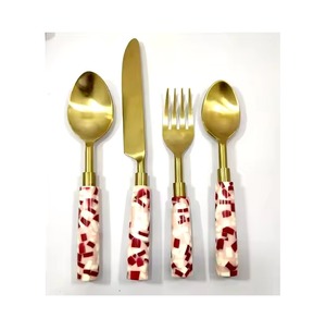 Trendy mirrored steel <b>cutlery</b> <b>set</b> with terrazzo inspired resin handles modern five piece flatware <b>set</b> for stylish dining table - Product Image 2