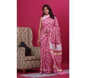 Mulmul Sari léger en coton à séchage rapide pour femmes, bloc dessiné à la main, vêtements de fête imprimés pour l'été, vêtements indiens/pakistanais - Product Image 2