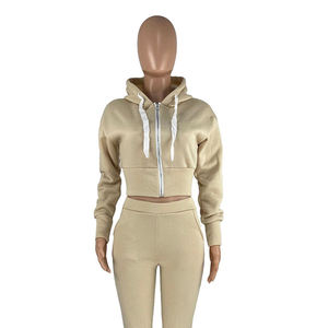 ชุดวอร์มเอวลอยแบบมีซิปสำหรับผู้หญิง,ชุดนักวิ่งเล่นกีฬาสวมใส่สบายเสื้อฮู้ดแบบมีซิปและกางเกง - Product Image 6