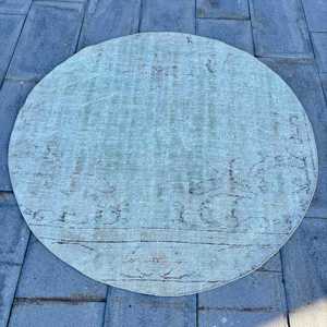 Alfombra Turca Vintage, Alfombra Decorativa de 4.3x4.3 pies, Alfombra Azul con Diseño Floral - Product Image 1