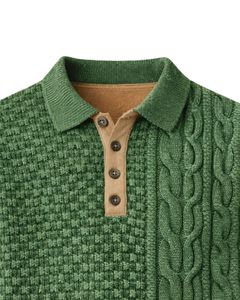 Customized Mens Mixed Texture <b>Cable</b> <b>Knit</b> Polo <b>Sweater</b> Long Sleeve Button Neck Winter Pullover With Elbow Patch In Forest Green - Product Image 5