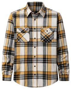 Camisa a Cuadros para Hombre, Manga Larga, Estilo Casual de Franela, Color Amarillo Mostaza, Negro, Gris, Blanco, Personalizable, Venta al por Mayor - Product Image 1