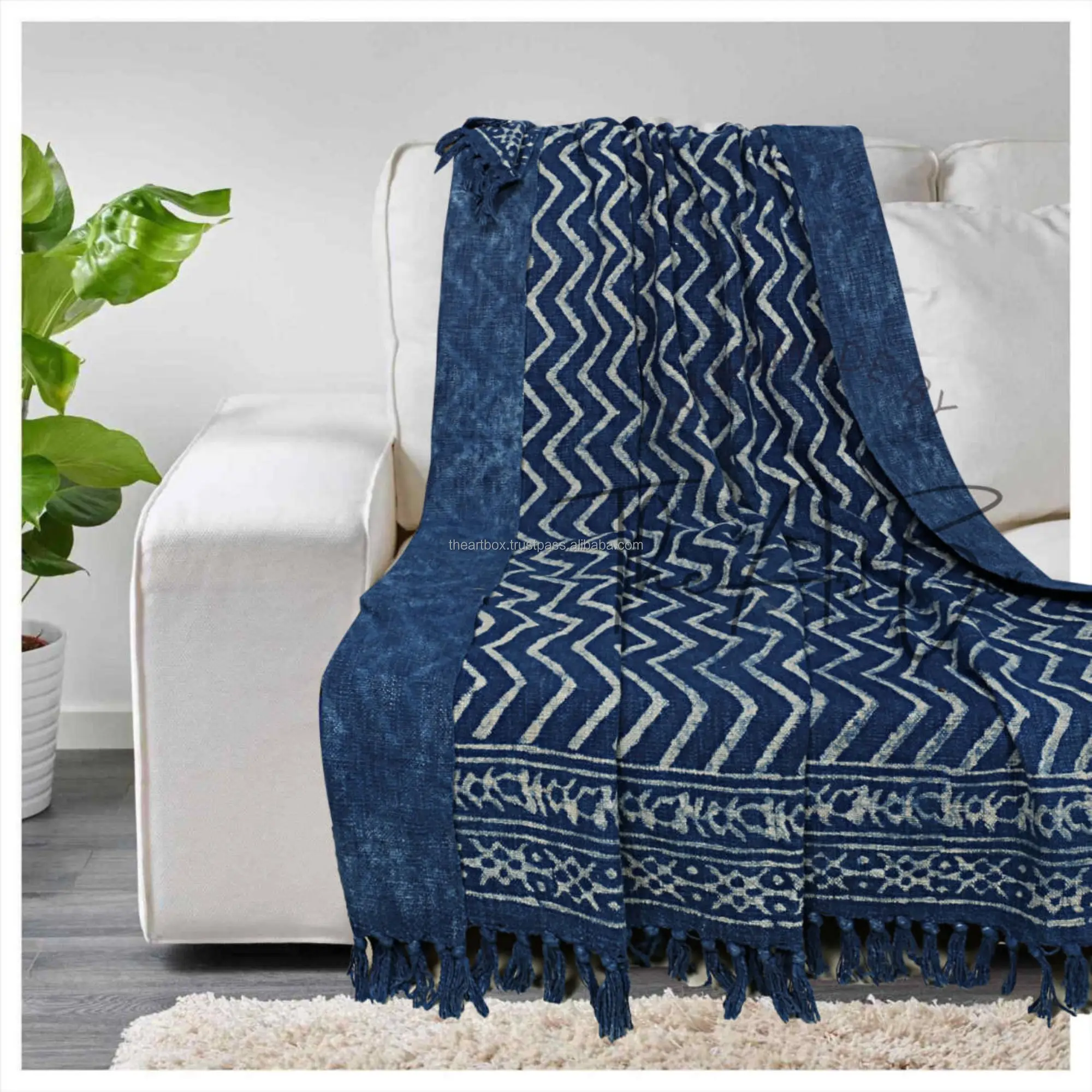 Indigo cobertor xadrez azul com camadas duplas, tecido natural, pré-lavado, cobertor para praia, cobertor duplo para o verão