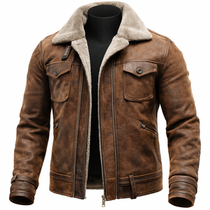 Chaqueta de Cuero Forrada con Piel de Oveja, Chaqueta Trucker Personalizada, Fabricante de Chaquetas de Invierno de Cuero Genuino al por Mayor OEM - Product Image 1