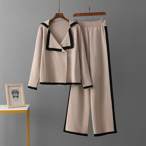 Ensemble de chandails en laine pour femmes d'automne, cardigans décontractés, imprimés tricotés, hauts à manches longues amples, pantalons à jambes larges, tenues - Product Image 2