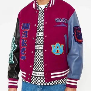 OEM Custom Chenille Vintage Patches Leather Sleeve Color Block Rib Cuff Varsity <b>Jacket</b> for Men Winter Hot Fashion - Product Image 1