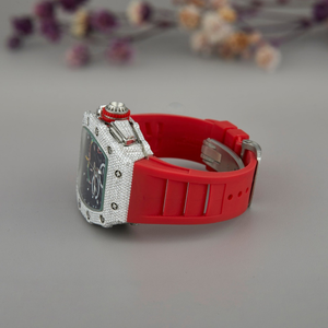 Reloj Cronógrafo de Lujo con Incrustaciones de Moissanita y Correa de Goma Roja, Estilo Hip Hop, Personalizado - Product Image 3