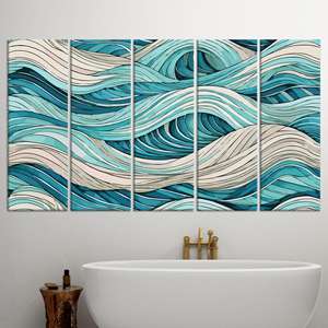 Arte en lienzo impreso de estilo bohemio moderno: decoración de pared con ondas abstractas, JUEGO DE 5 LIEÑOS - Product Image 1
