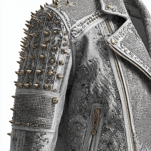 Motor Bike Silver <b>Studded</b> Leather Jacket <b>Men's</b> Letterman Rhinestone Fashion Wear Leather Jackets OEM Silver <b>Studded</b> PU Jacket - Product Image 2