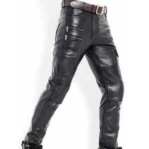 Wholesale Cowhide <b>Leather</b> Pants <b>for</b> <b>Men</b> Genuine <b>Leather</b> Button Fly Eco-Friendly Windproof Breathable High Street Style OEM - Product Image 4