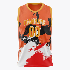 Camisetas de Baloncesto al por Mayor con Diseño de Pinceladas Naranja y Negro, Transpirables, de Malla, sin Mangas, Sublimadas, Personalizables para Equipos - Product Image 2