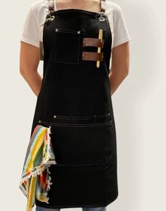 Delantal de tela vaquera con bolsillos anchos para hombre y mujer, delantal con correas de cuero de imitación, regalo para maestro Barista artista Camarero, color negro - Product Image 2