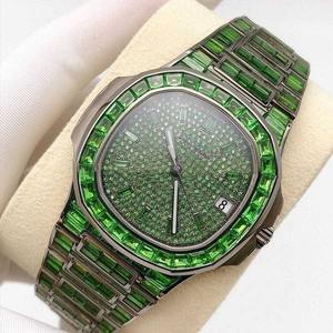 Montre-bracelet automatique mécanique de luxe personnalisée pour homme, style hip-hop, avec diamants simulés baguette verts, tendance et haut de gamme - Product Image 5