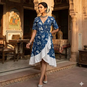 Robe portefeuille en coton à imprimé floral numérique bleu, ourlet à volants, col en V, style ethnique bohème indien, vêtement artisanal naturel et lavable pour femme, idéale pour l'été - Product Image 1