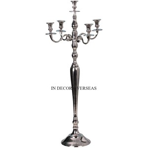 Look attrayant cristal clair perlé et argent brillant poli Top qualité métal fait 5 bras candélabre pièce maîtresse de Table de mariage - Product Image 2