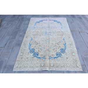 Alfombra Turca Vintage, Alfombra de Lana Azul con Diseño Floral de 5.8x9.3 pies - Product Image 1