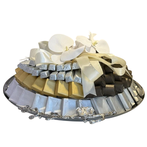 High Quality Metal <b>Chocolate</b> Tray With <b>White</b> Orchid Decoration Elegant Silver <b>Chocolate</b> Tray For Special Occasions & Events - Product Image 1