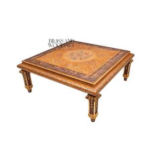 Luxury <b>Square</b> Coffee <b>Table</b> with Intricate Floral Wood Inlays and Brass Detailing for Elegant Living Room Decor - Product Image 4