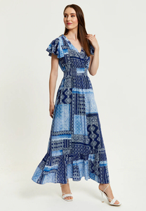 Tendance 2024 femmes vêtements imprimé Maxi robe bleu carreaux imprimé Maxi robe avec manches courtes robe léger été confort - Product Image 2