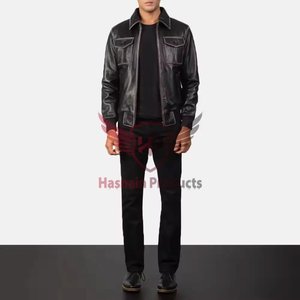 Blouson Bomber Homme en Cuir Véritable Noir, Col Chemise, Poches à Rabat sur la Poitrine, Manteau en Peau de Mouton Vieilli, Veste Extérieure Personnalisée Style Trucker Vintage - Product Image 4