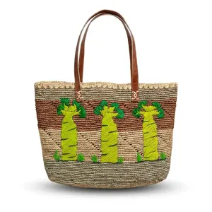 Sac fourre-tout en raphia tissé à la main, sac à bandoulière avec poignées en cuir pour la plage et les voyages - Product Image 3