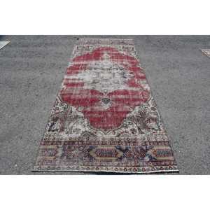 Vintage Turkish Rug, 4.3x9.9 ft Rug, <b>Red</b> Solid <b>Wool</b> Rug - Product Image 1