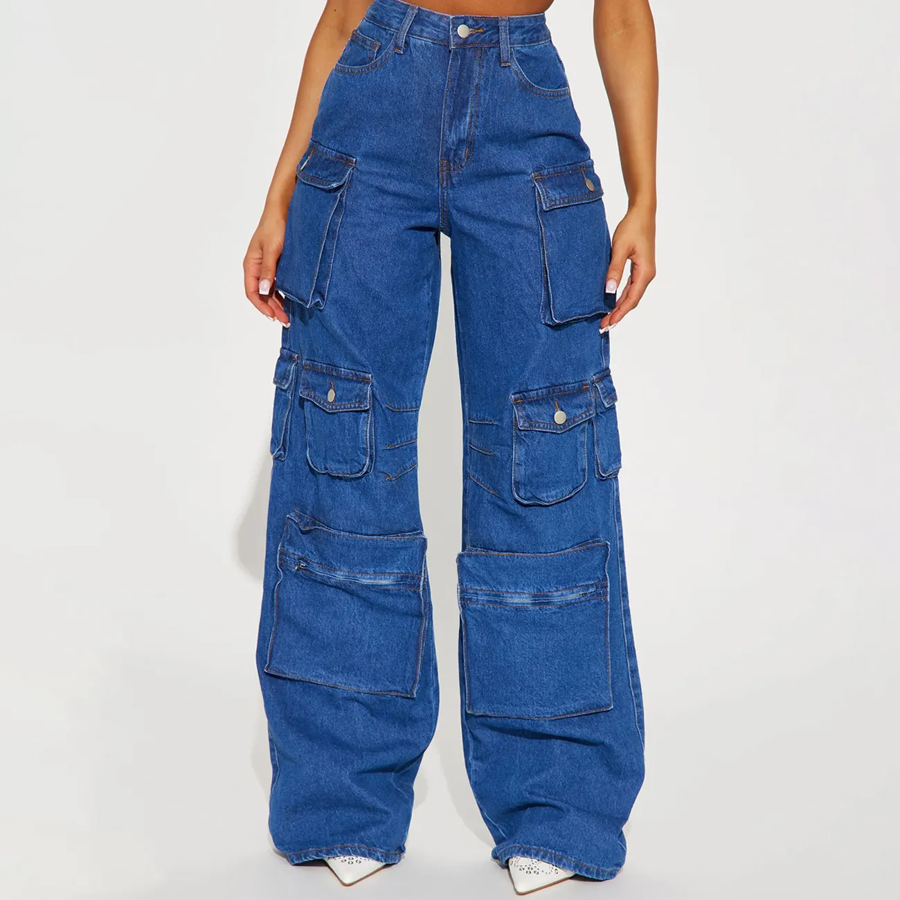Custom Ladies Baggy Pant High Waist Fashionable Pocket Denim Jeans Oversize Women's Cargo Jeans Pants