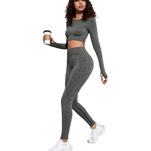 Ensemble de yoga 2 pièces pour femme, leggings gris uni, haut court à manches longues, vêtements de sport, tenue de fitness, taille personnalisée disponible - Product Image 1