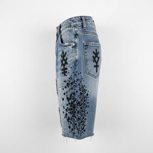 Shorts en jean personnalisés pour femmes, strass, streetwear, coupe régulière, délavé, taille haute, braguette boutonnée, polyester/coton, OEM - Product Image 4