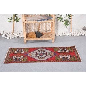 Tapis de support en latex écologique en laine verte rouge classique vintage 1.5x3.3 pieds motif de couloir en peluche patchwork abstrait pour l'entrée - Product Image 1