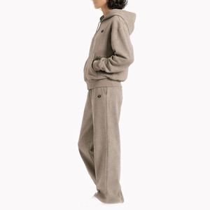 Women Taupe Beige Full Zip Fleece Hoodie <b>Jogger</b> Set Straight Leg Two Piece Tracksuit for Private Label OEM Wholesale - Product Image 3