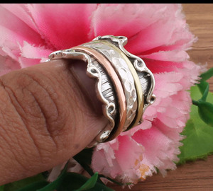 Handmade 925 Sterling Silver Spinner <b>Ring</b> with Copper & Brass Braided Bands Vintage Boho <b>Anxiety</b> <b>Fidget</b> <b>Ring</b> for Women & Men - Product Image 3
