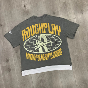 Rough Play We Are the Streets Latest Fashion Vintage Perforated Diamond Patchwork Short Sleeved T-shirt - Product Image 2