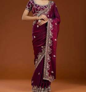 Sari en Chiffon Pur de Designer avec Motif Paon, Broderie de Paillettes Lourde et Blouse - Product Image 1