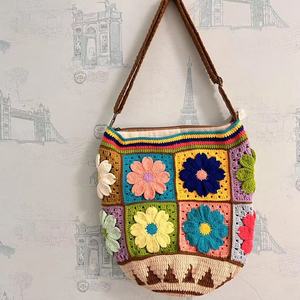 Handmade Crochet Women's Tote Shoulder Bag Fashionable <b>Accessory</b> Girl Pattern Flower Embroidery Cotton Fabric Basket Design - Product Image 3