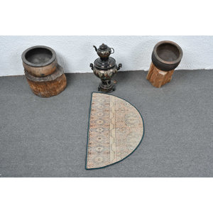 พรมขนแกะตุรกี1.5ft วินเทจสีเบจและสีฟ้าผ้าทอแบนพร้อมแผ่นยางรองสำหรับตกแต่งห้องนั่งเล่น - Product Image 3