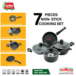 Juego de regalo de 7 piezas, juego de utensilios de cocina de aluminio de nuevo diseño con tapa de vidrio, juego de sartenes con revestimiento antiadherente Fordge para uso doméstico - Product Image 1