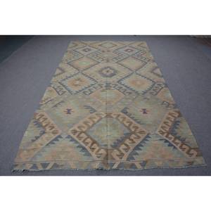 Alfombra Kilim turca Vintage 5,7 X 10.4ft Beige Azul Tejido plano Jacquard Trenzado Lana Látex Rectángulo Pasillo Espacio para decoración del hogar - Product Image 1